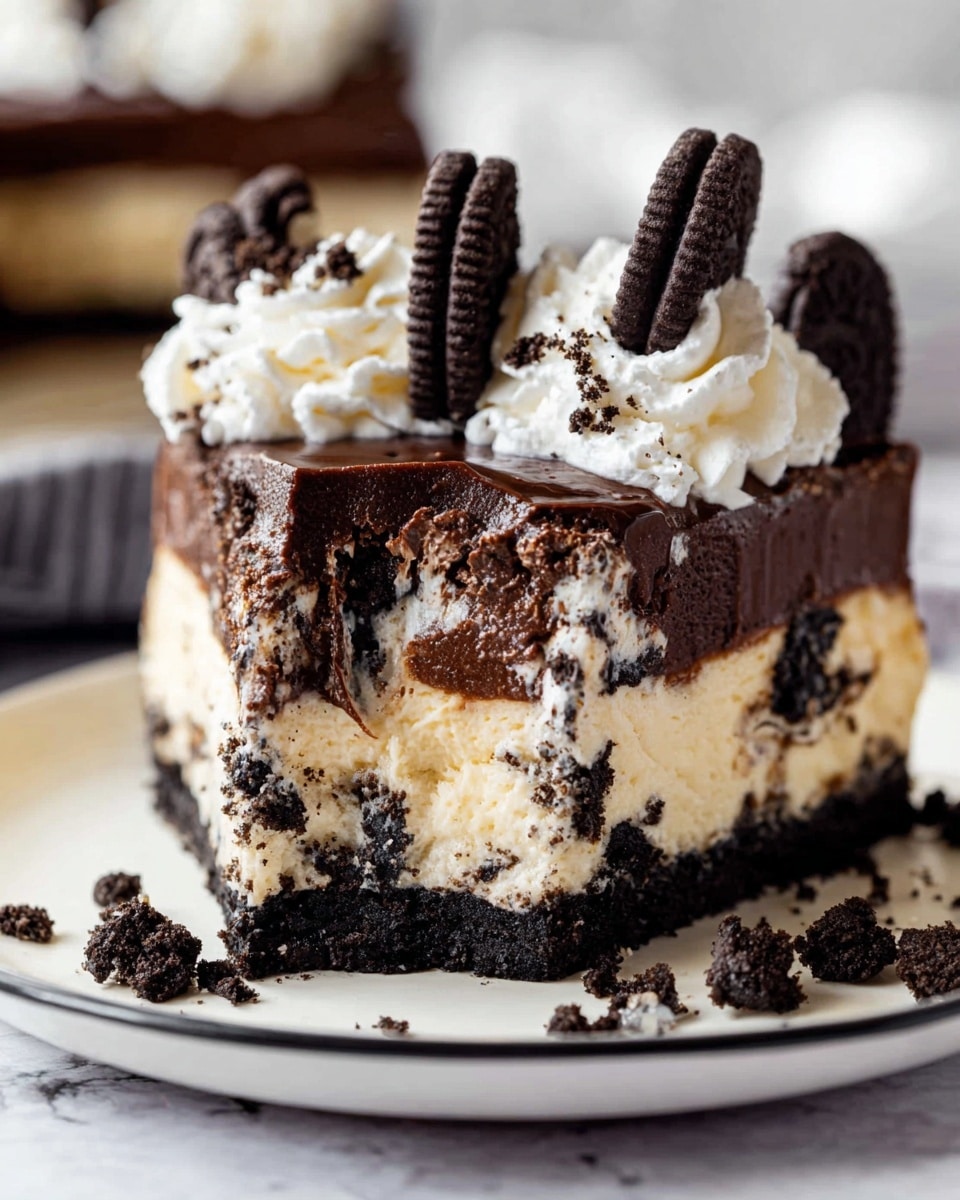 A round layered cake with a dark chocolate crumb crust forming the base and sides. Inside, there is a thick cream layer mixed with chunks of dark cookie pieces. On top of the cream layer, there is a smooth, glossy dark chocolate ganache layer, decorated with a ring of white whipped cream swirls around the edge. The center and the whipped cream are sprinkled generously with crushed dark cookie pieces. The cake is on a white marbled surface with some whole and broken cookies scattered around, and a slice is removed showing the layers inside. Photo taken with an iphone --ar 4:5 --v 7