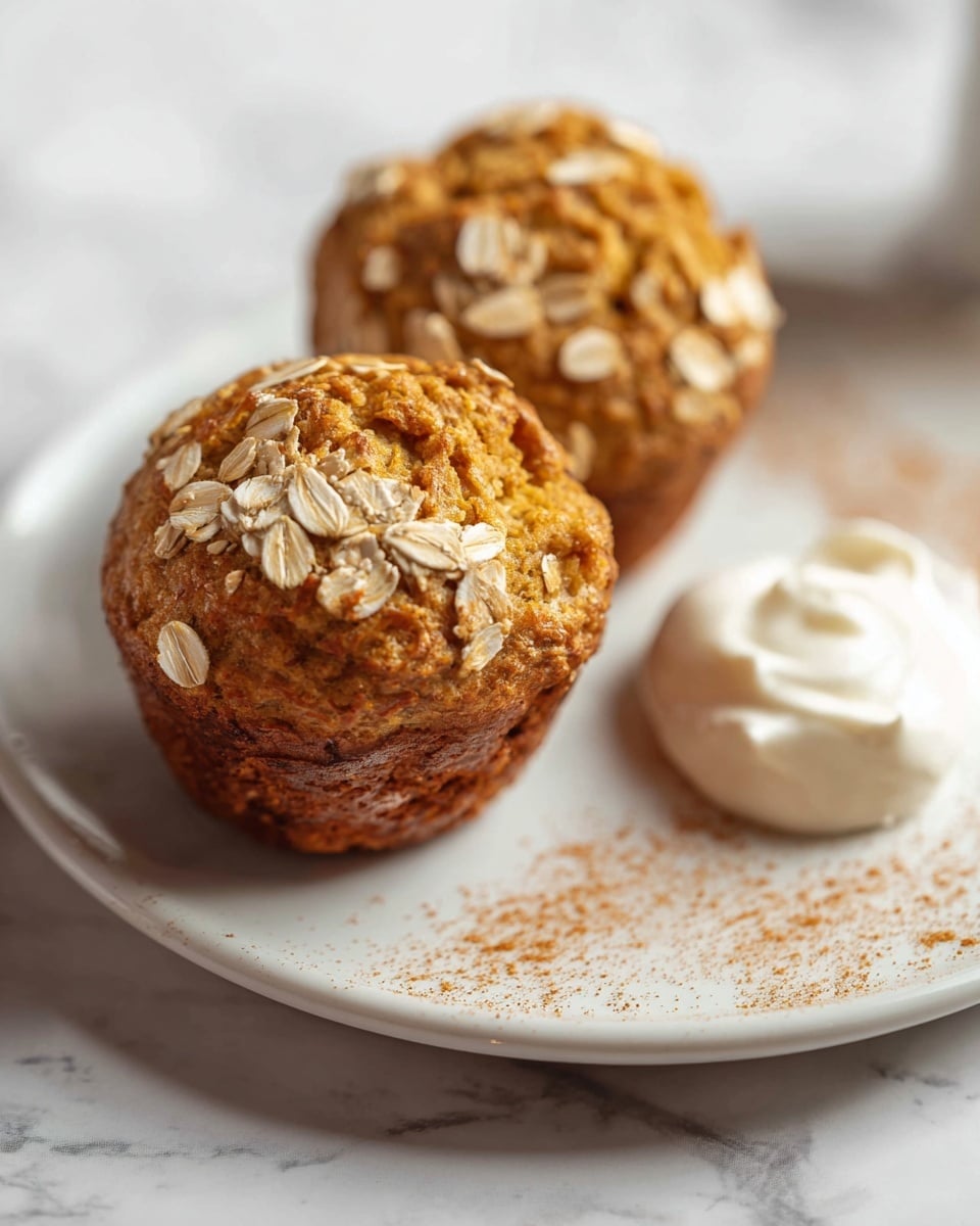 The image shows two round muffins on a white plate with a white marbled texture in the background. Each muffin has a golden brown top layer covered with visible oatmeal flakes, giving it a rough, textured look. The inside of the muffins is soft and light beige, showing an airy texture. One muffin is placed flat on the plate, while the other leans on it, showing the top and side view clearly. There is a small dollop of creamy, white spread beside the muffins on the plate. The lighting is bright and natural, highlighting the warm colors of the muffins. photo taken with an iphone --ar 4:5 --v 7