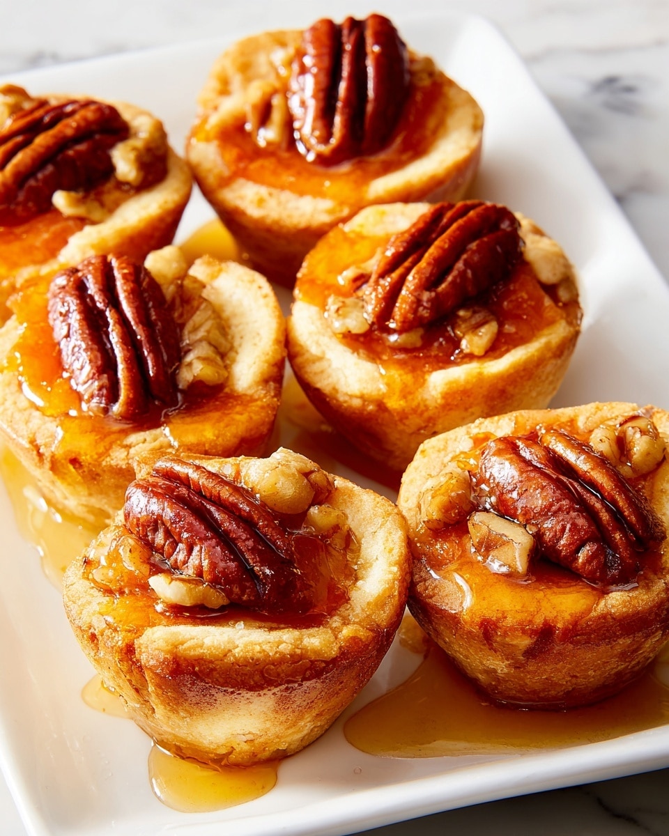 The image shows six small tarts arranged closely on a white plate, all set on a white marbled surface. Each tart has a light golden-brown crust that forms a cup shape holding a bright orange filling. On top of each filling is a single, whole toasted pecan that is deep brown and textured. The tarts are drizzled with a shiny, amber-colored syrup that pools slightly on the plate around them, adding a glossy finish. The overall look is warm and inviting with a mix of smooth and crunchy textures, highlighted by the contrast between the soft filling and crunchy pecan. Photo taken with an iphone --ar 4:5 --v 7