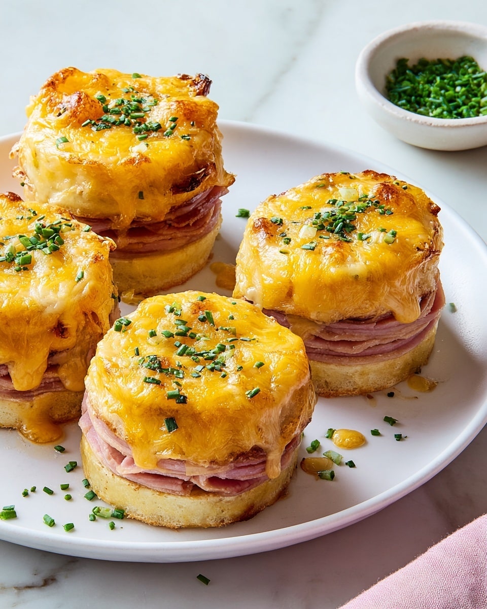 The image shows five small stacks of food on a white plate resting on a white marbled surface. Each stack has three layers: the bottom layer looks like a crispy round base in light brown, the middle layer has thin slices of pink ham, and the top layer is melted golden cheese with some bits of green herb sprinkled over it. The stacks are arranged close together with a light sprinkling of chopped green herbs around them on the plate. In the top right corner, there is a small bowl filled with finely chopped green herbs. Photo taken with an iphone --ar 4:5 --v 7