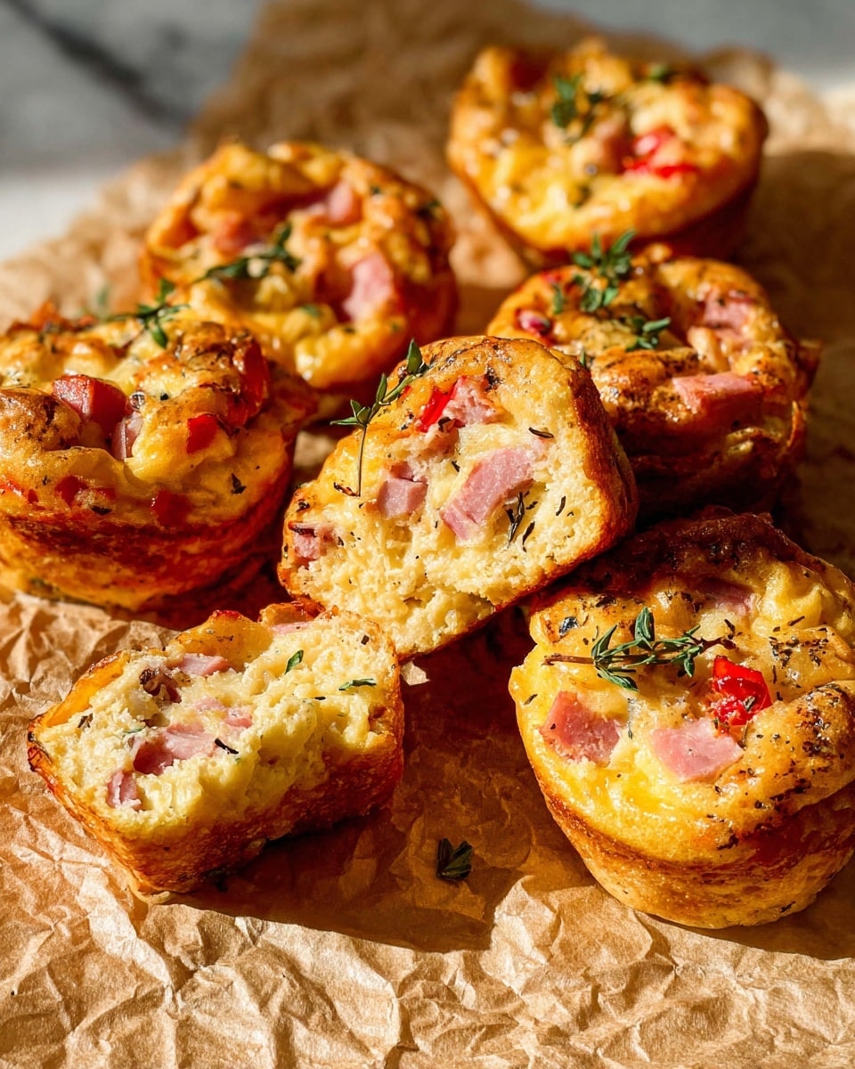 The image shows several small egg muffin cups placed on light brown parchment paper over a white marbled surface. Each muffin cup has a golden-brown crust with crispy edges, filled with a creamy, light yellow egg mixture dotted with small red pieces that look like bacon or ham and tiny green herbs sprinkled on top. The texture looks soft and slightly browned, with a few darker spots from baking. The muffins are arranged loosely, some in the background out of focus, highlighting the closest muffin with clear detail. Photo taken with an iphone --ar 4:5 --v 7