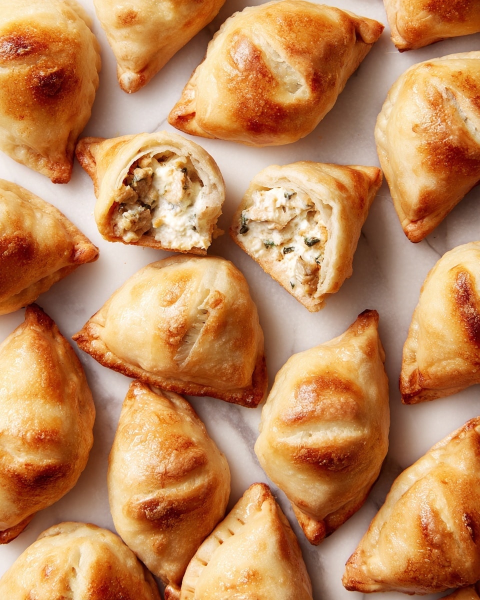 Multiple small, golden-brown pastries are laid out closely on a white marbled surface, each shaped into a square with all four corners folded toward the center, creating a pinwheel look. The crust looks crisp and flaky with slight browning at the folded edges, showing a textured, doughy surface. One pastry is broken open, revealing a thick, creamy filling that is light beige with small pieces of darker ingredients mixed in, suggesting a savory stuffing. The pastries are evenly spaced, creating a patterned display across the surface. photo taken with an iphone --ar 4:5 --v 7
