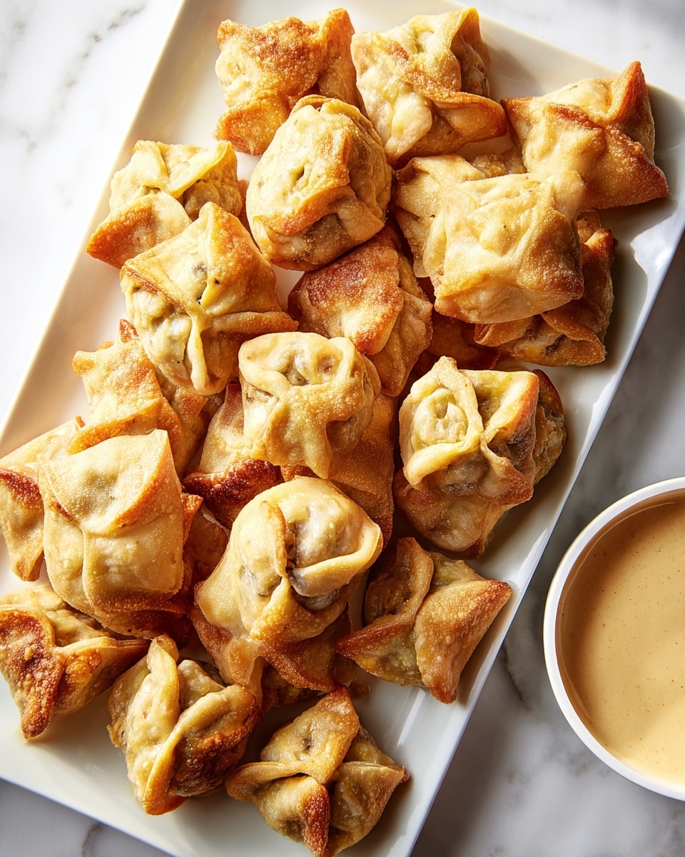 The image shows a white plate filled with small, golden-brown baked puffs. Each puff is square-shaped with slightly twisted corners that close at the top, revealing a creamy white filling with small brown bits inside. The puffs have a light, crunchy texture with some darker toasted spots, stacked closely together covering the whole plate. Next to the plate, there is a small white bowl filled with light yellow smooth sauce. The background is a white marbled surface. Photo taken with an iphone --ar 4:5 --v 7