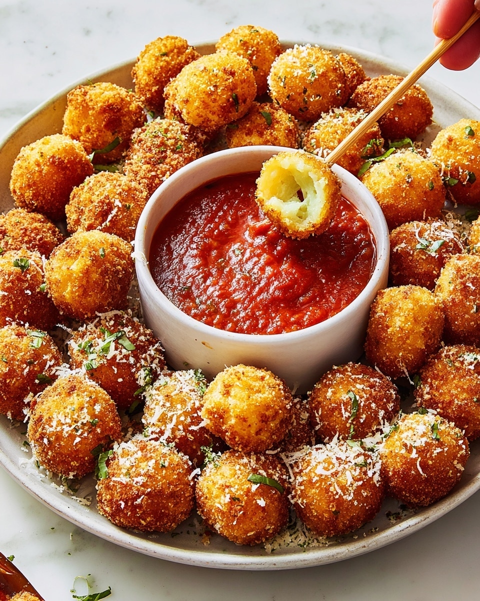 A white plate filled with many small, golden-brown gnocchi pieces that have a crispy, slightly rough texture, each one showing grill marks or browning on top. Some shredded white cheese is sprinkled over the gnocchi, adding a soft, fine layer. A silver spoon rests on the right side of the plate, partially under the gnocchi. In the background, there is a small white bowl with bright red tomato sauce. The whole scene is set on a white marbled surface. photo taken with an iphone --ar 4:5 --v 7