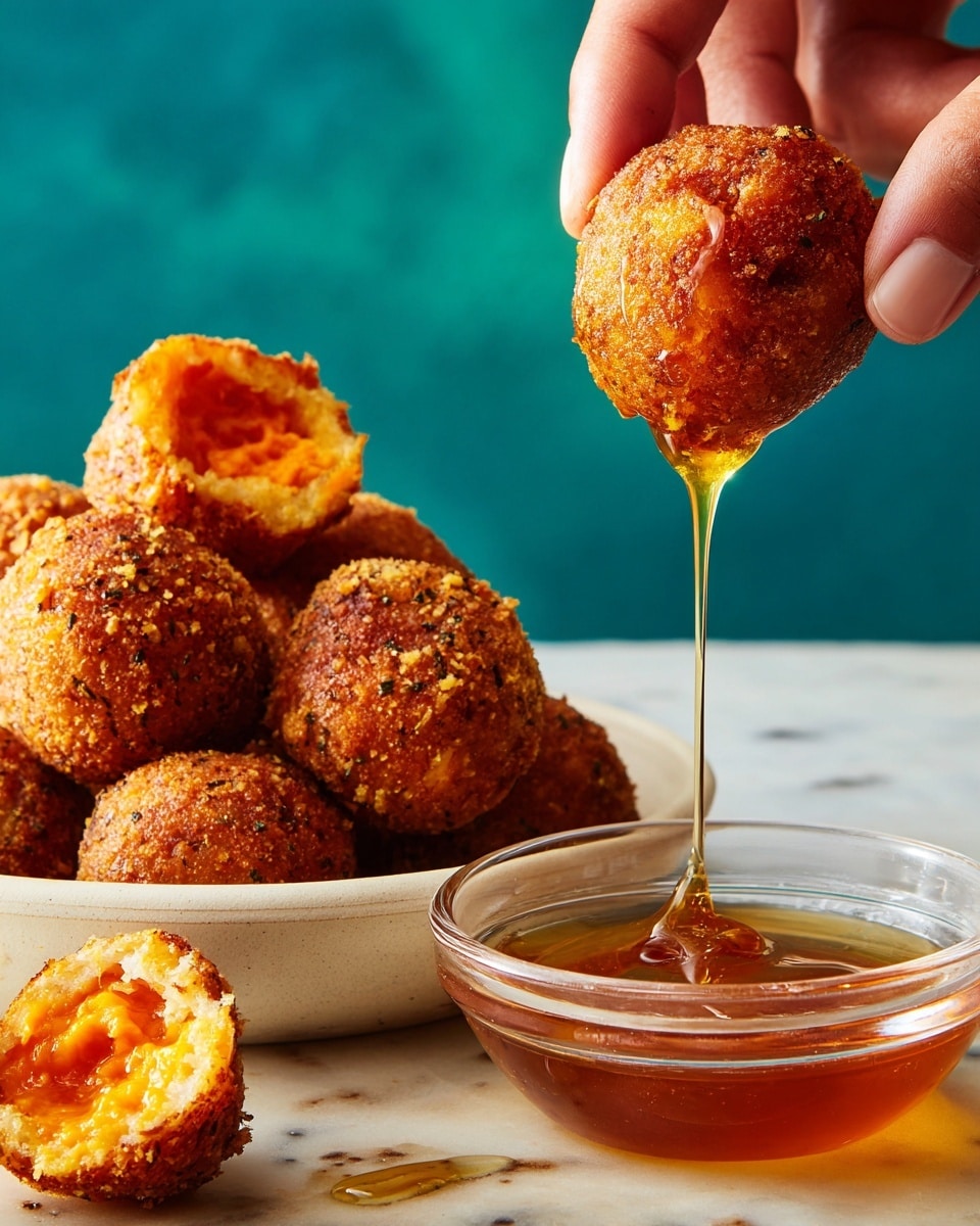 A woman's hand holds a round, golden-brown fried ball covered in crispy breading, dripping thick honey or syrup into a clear glass bowl filled with amber liquid. Nearby, a white bowl contains several more of these fried balls. One of the balls is broken open, showing an orange, soft, textured inner layer. The scene is set on a white marbled surface with a blue blur background. Photo taken with an iphone --ar 4:5 --v 7