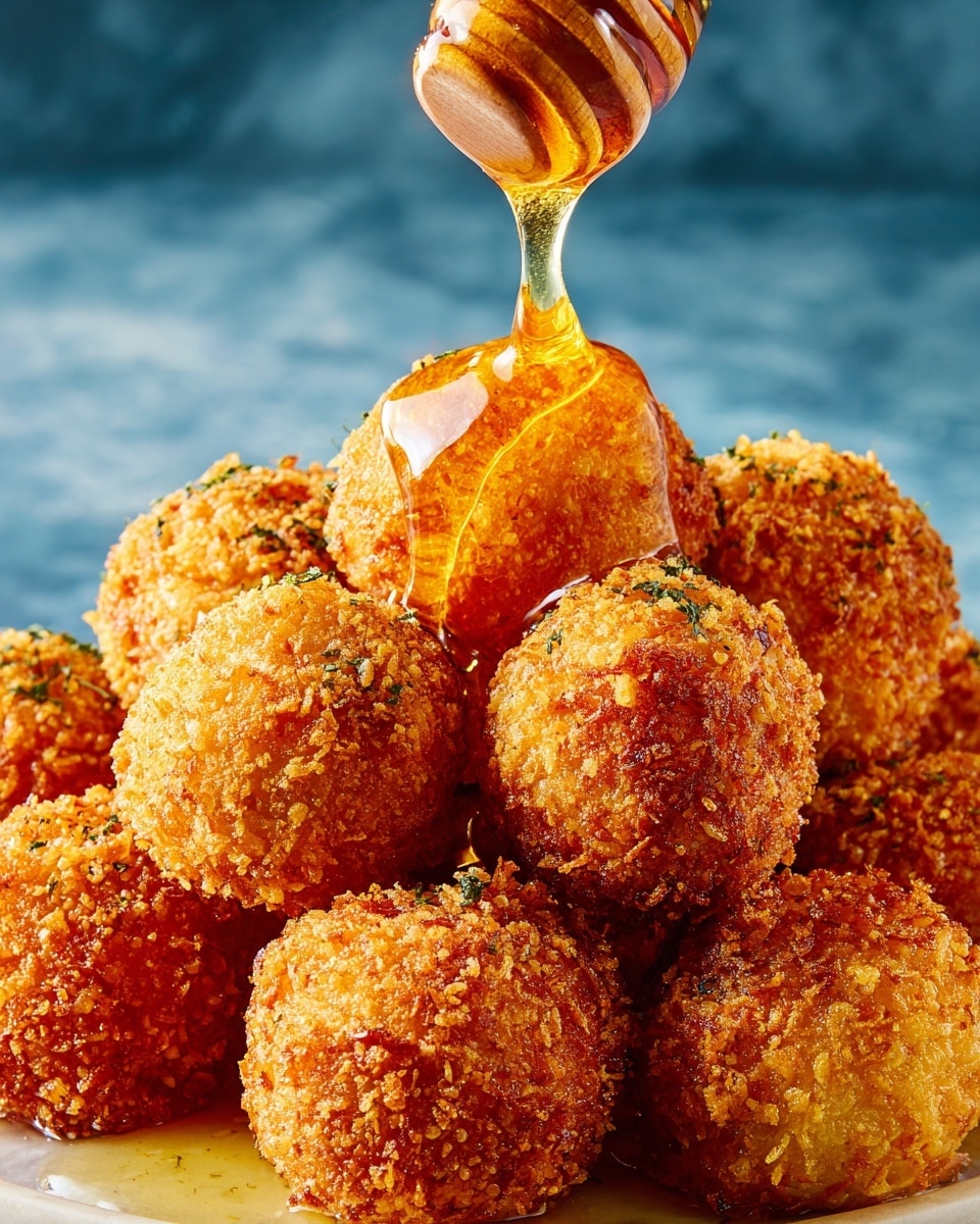 A close-up of a pile of crispy, golden-brown fried balls stacked together, each showing a rough, crunchy texture with small herbs visible in the coating. Clear, amber honey is being poured over the top balls from a glass honey dipper, creating shiny, sticky trails that catch the light. The background has a smooth blue color, making the warm tones of the fried balls stand out. photo taken with an iphone --ar 4:5 --v 7