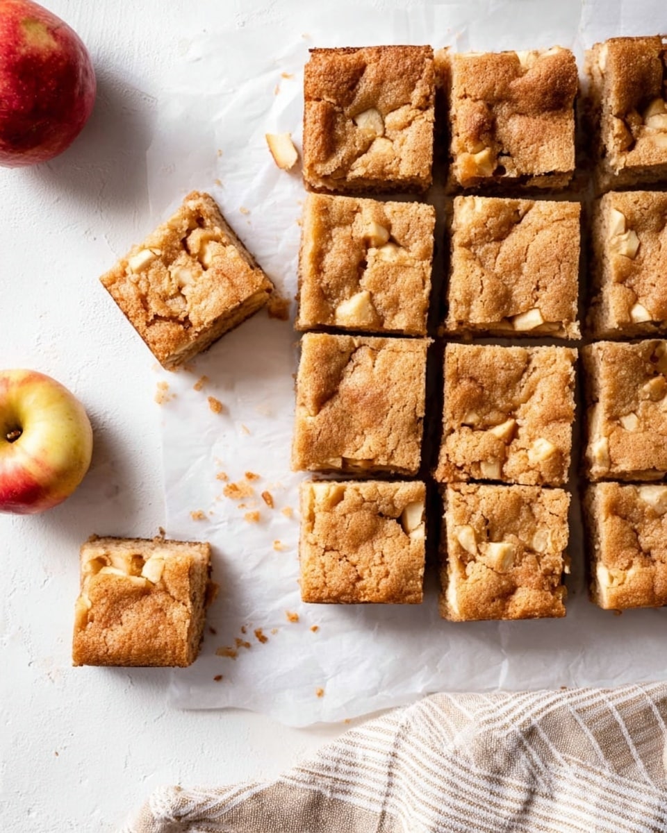 A square batch of light brown baked bars with a slightly cracked top is arranged in a 4 by 4 grid on white parchment paper atop a white marbled surface. One square bar is separated from the rest and placed nearby with some small crumbs scattered around. The texture of the bars looks soft with small visible pieces of apple inside. At the bottom left corner, there is a whole apple with red and yellow skin, and at the bottom right side, a light-colored striped cloth is partially visible. Photo taken with an iphone --ar 4:5 --v 7
