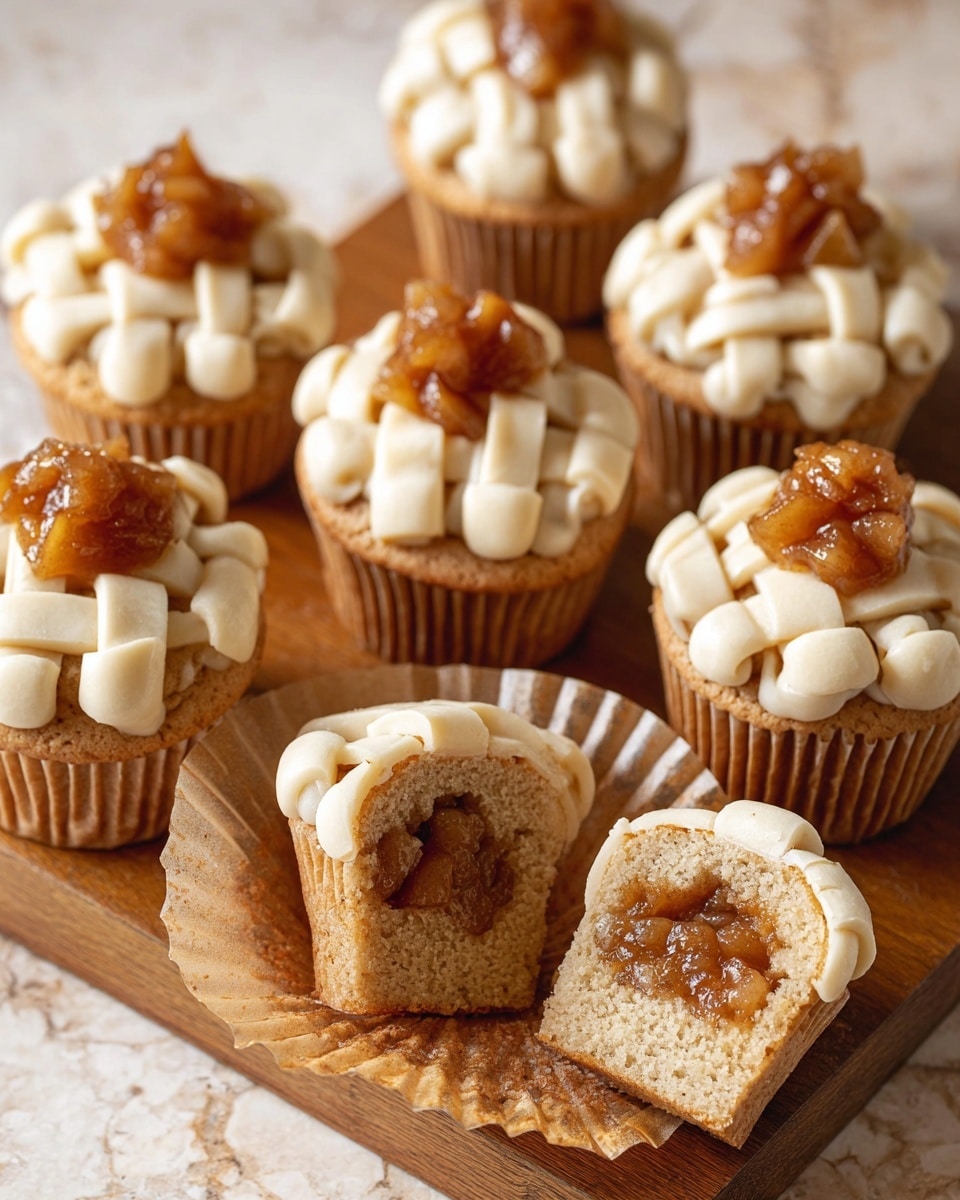 The image shows several small cupcakes arranged on a wooden board placed on a white marbled surface. Each cupcake has a light brown cake base with a textured appearance. On top, there is a layer of caramelized diced apples in a rich brown color, surrounded by a ring of smooth light beige cream piped around the edge. Some cupcakes have a lattice pattern of the same cream over the apple topping, creating a crisscross design. One cupcake is open, revealing the fluffy inside and the diced apples sitting on top, showing the layers clearly. The lighting is warm, emphasizing the rich colors and textures. Photo taken with an iphone --ar 4:5 --v 7