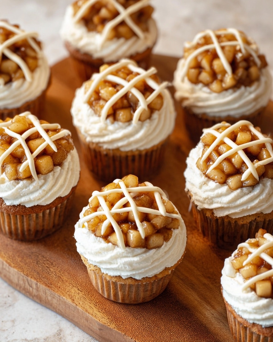 The image shows several cupcakes arranged on a wooden board, each topped with a layer of small diced cooked apple pieces in brown cinnamon sauce. Surrounding the apple pieces is a ring of white creamy frosting piped with a ridged texture. Some cupcakes have a lattice pattern of two crossing lines of the same white frosting on top of the apple layer. The cupcakes have a light tan color and the wooden board contrasts with the white marbled texture underneath. photo taken with an iphone --ar 4:5 --v 7