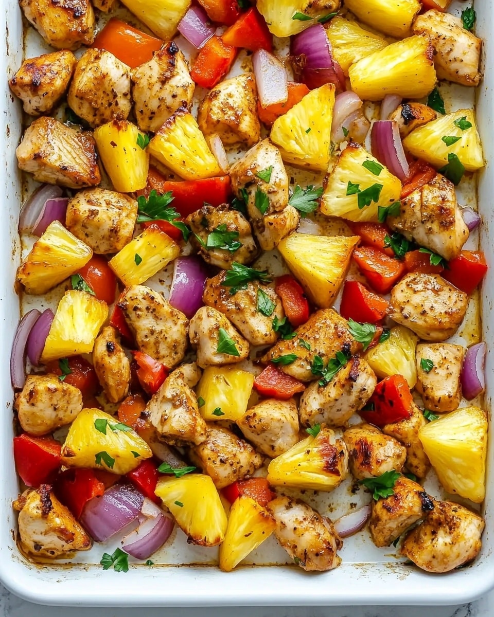 The image shows a white baking tray filled with three main layers of ingredients: small pieces of golden-brown cooked chicken, bright yellow pineapple chunks, and large pieces of red bell pepper and purple onion. The chicken pieces have a slightly crispy texture with visible seasoning and herbs sprinkled on top. The pineapple is juicy and cut into thick triangular chunks. The red bell peppers and onions are cut into medium-sized square pieces, evenly mixed with the chicken and pineapple. Fresh green parsley leaves are scattered over the whole dish, adding a pop of color. The baking tray is set on a white marbled background. Photo taken with an iphone --ar 4:5 --v 6.1