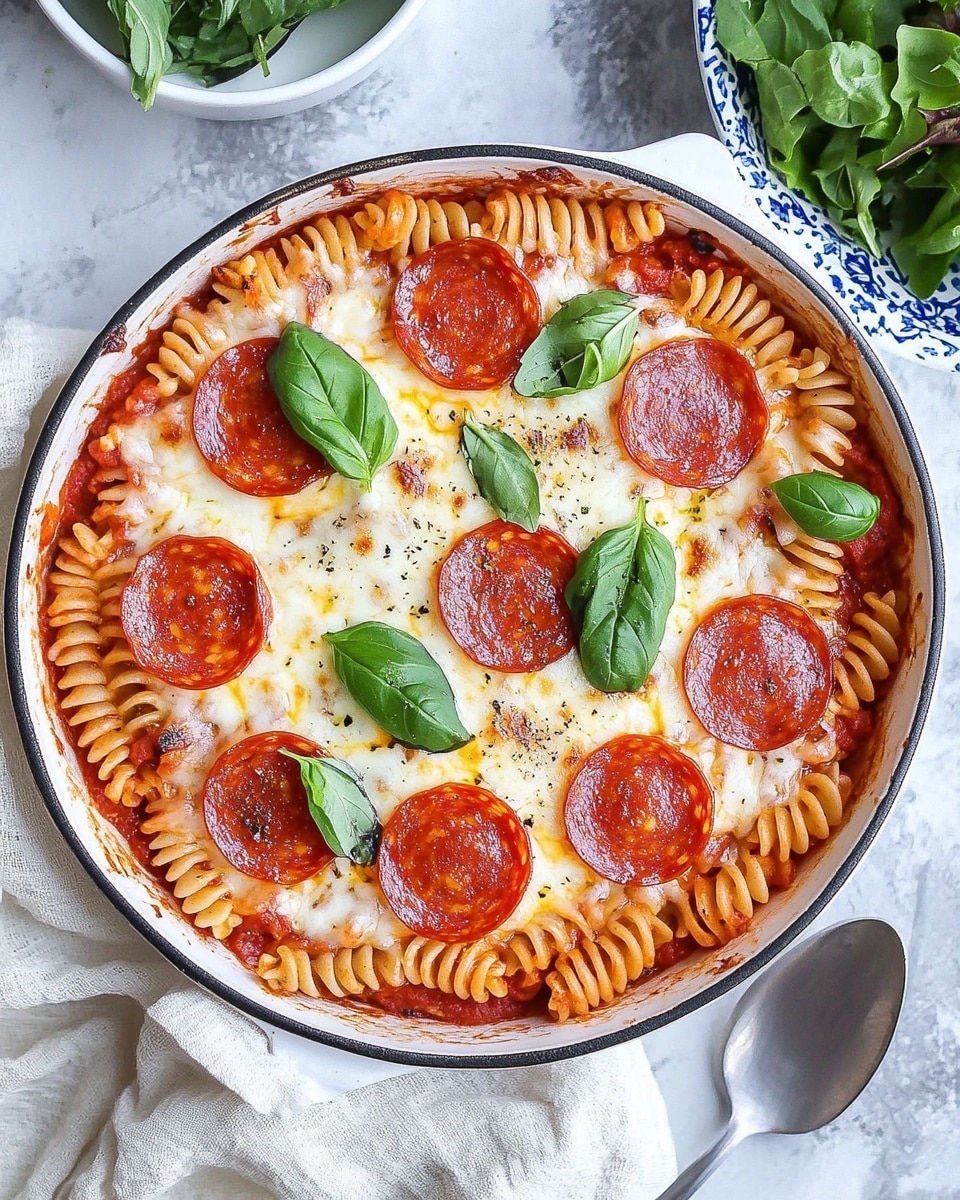 A white bowl filled with a baked pasta dish that has three main layers: the bottom layer is small shell pasta in a bright orange sauce, the middle layer has slices of red pepperoni spread evenly, and the top layer has melted light golden cheese with small green herb leaves sprinkled around. The edges of the bowl show more pasta and sauce peeking through. The bowl sits on a white marbled surface with a green cloth partially under it. photo taken with an iphone --ar 4:5 --v 6.1