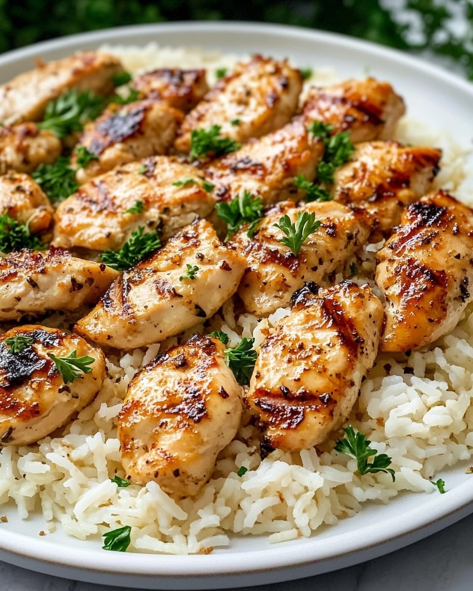 The image shows two grilled chicken pieces placed on a bed of cooked white rice on a white plate. The chicken pieces are golden brown with visible grill marks and a slightly crispy texture on the surface. The rice underneath is fluffy and light in color with small green herb pieces sprinkled on top, adding a touch of freshness. The white plate rests on a white marbled surface, bringing focus to the warm colors of the food. photo taken with an iphone --ar 4:5 --v 6.1