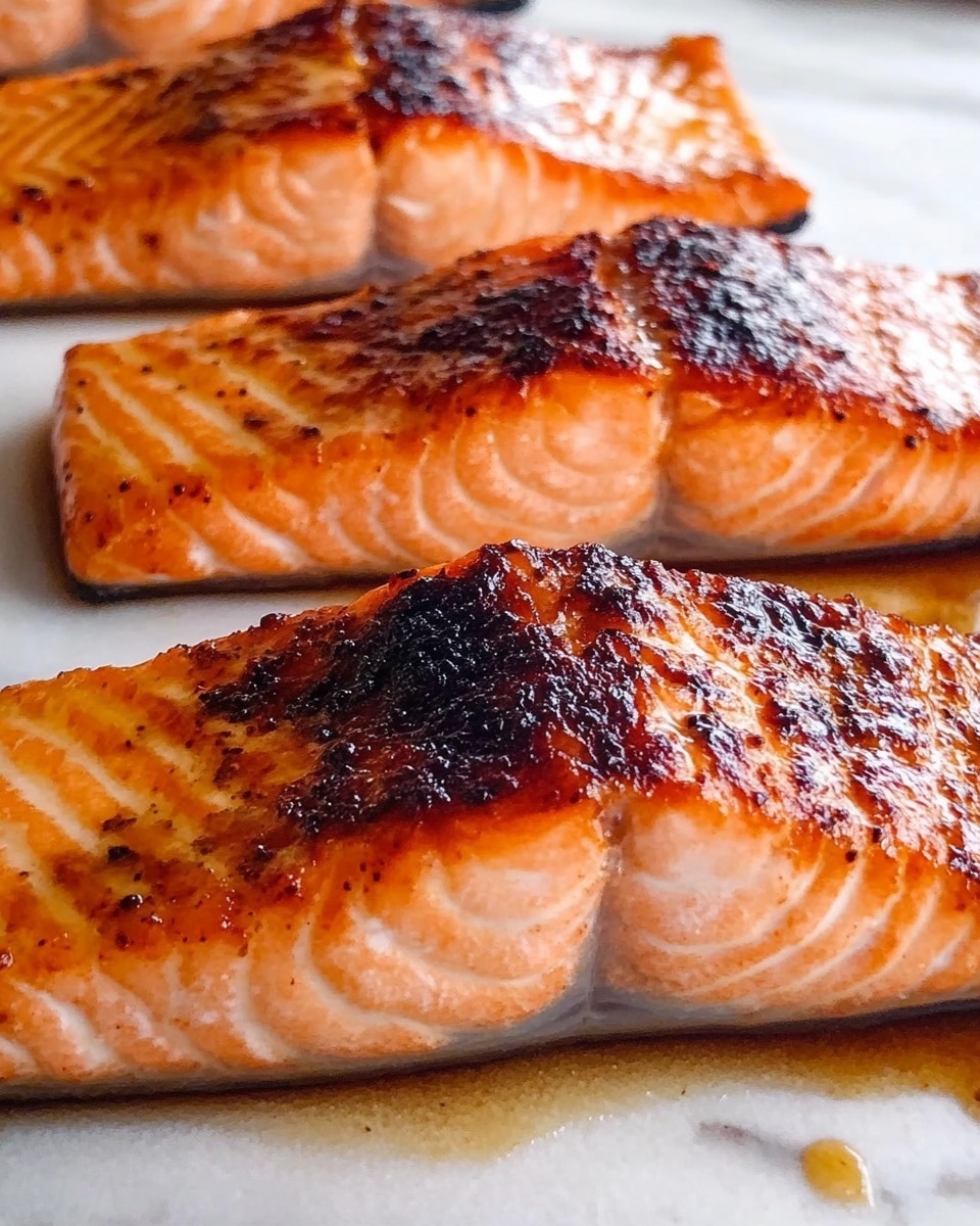 The image shows three cooked salmon fillets placed side by side on a white plate with some light sauce around them. The top of the salmon fillets has a dark, slightly crispy texture, while the inside is a rich orange-pink color. In the background, there is a white bowl filled with pale mashed potatoes and a plate with green beans, all set on a white marbled surface. The overall scene is bright and clean with natural light. photo taken with an iphone --ar 4:5 --v 6.1