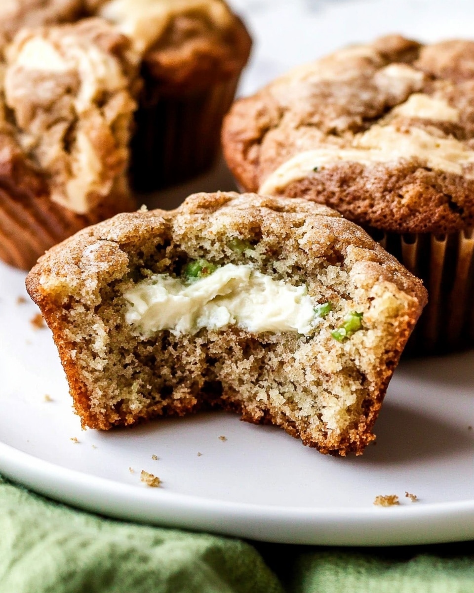 A stack of three brown muffins rests in the center, each with a slightly rough texture and sprinkled sugar on top. The bottom muffin sits on a white muffin liner, and inside the muffins, there is a visible light cream filling. To the left, a half muffin shows the creamy center clearly, and to the right, a small group of white flowers is placed near the base. The surface is white with a marbled texture, creating a clean, bright background. Photo taken with an iphone --ar 4:5 --v 6.1