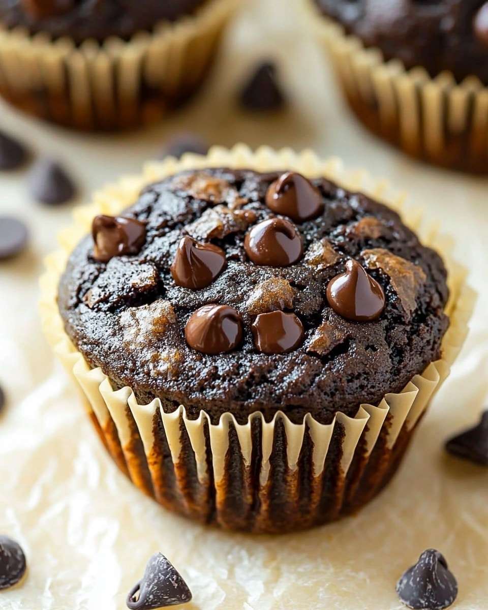 The image shows six dark chocolate muffins arranged closely together on a white plate with colorful polka dots. Each muffin has a rich, cracked texture on top, studded with numerous small, shiny chocolate chips scattered evenly across the surface. The muffins are wrapped in yellow paper liners that provide a bright contrast to the dark chocolate color. The plate sits on a white marbled surface, giving a clean and fresh look to the setting. photo taken with an iphone --ar 4:5 --v 6.1
