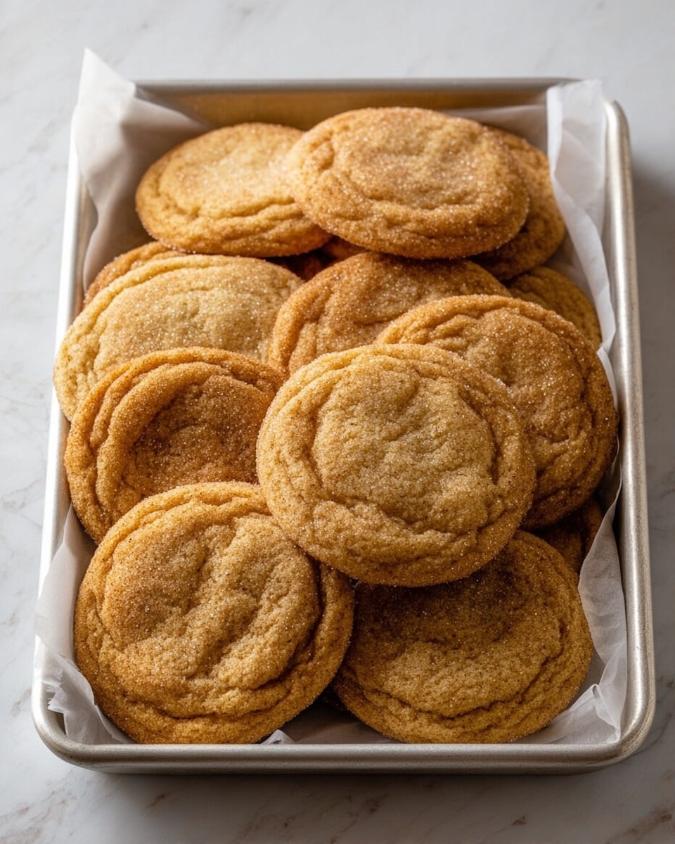 A metal baking tray holds a pile of about a dozen round cookies, each with a light brown color and a slightly cracked surface that shows a soft texture. The cookies are stacked closely and almost cover the whole tray, which is lined with white parchment paper. The tray sits on a white marbled surface, and the image shows the details of the sugar crystals shining slightly on top of the cookies photo taken with an iphone --ar 4:5 --v 7