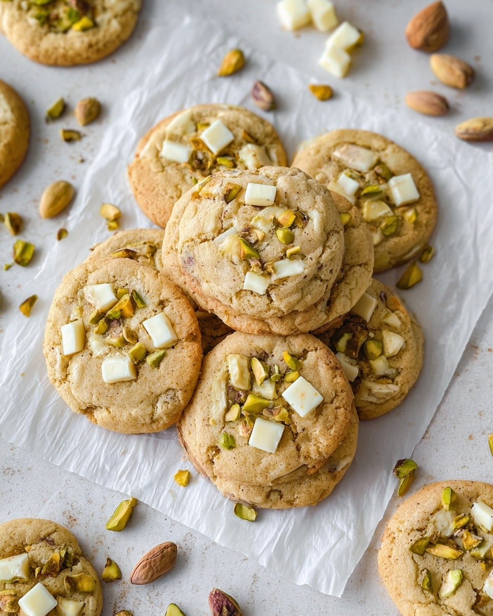The image shows a group of round cookies on a sheet of crinkled white parchment paper, placed on a white marbled texture. Each cookie has a light golden brown surface with small cracks and is topped with chopped green pistachios and uneven pieces of creamy white chocolate, distributed across the top layer. The cookies are stacked and slightly overlapping, with some scattered pistachio nuts and white chocolate chunks around them. To the side, there is a tart tin filled with pistachios. The texture of the cookies looks soft and slightly chewy, with a crisp edge. photo taken with an iphone --ar 4:5 --v 7