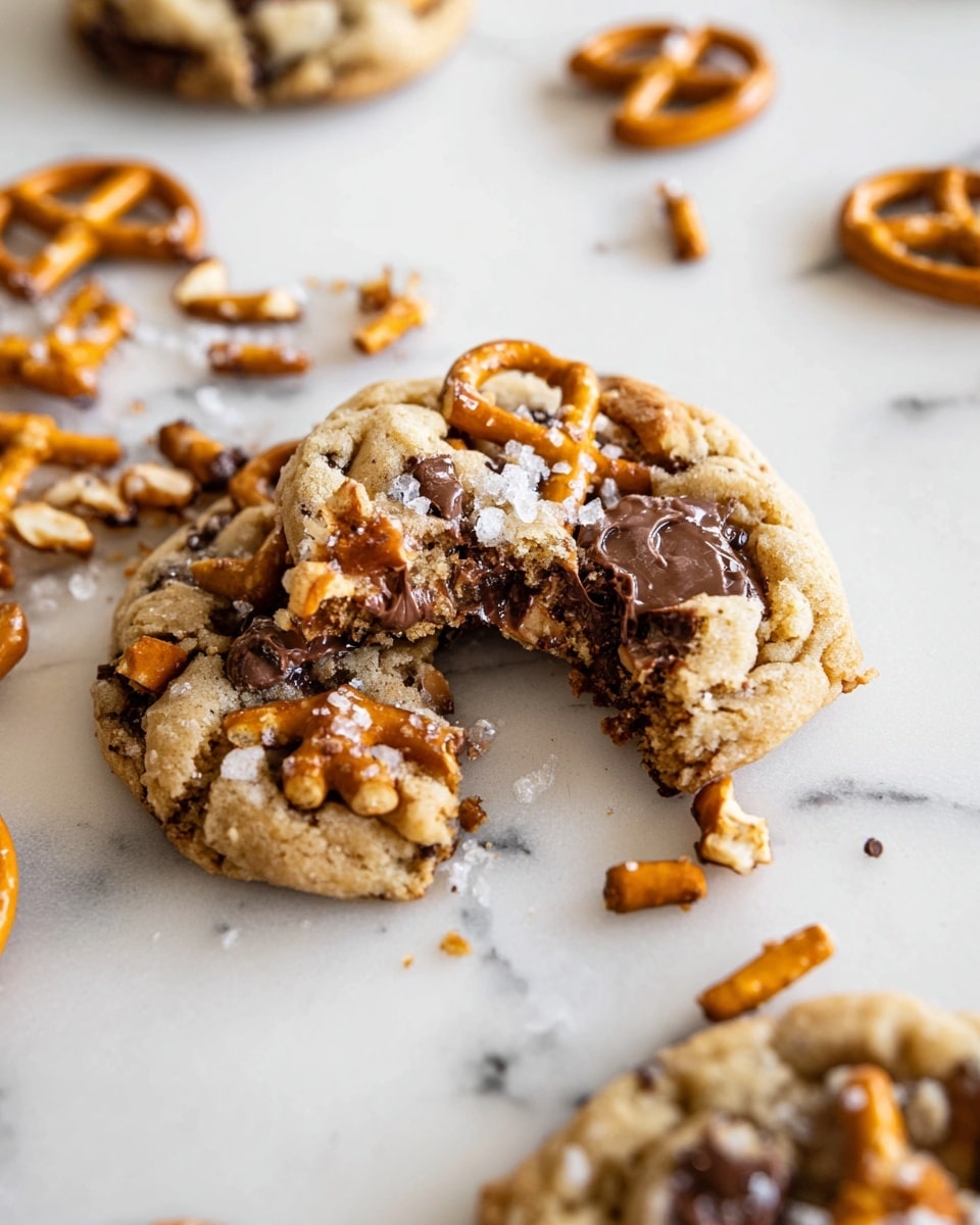 A soft cookie rests on a white marbled surface, filled with melted chocolate chips that peek out from inside. The cookie has small golden brown pretzel pieces mixed throughout its light brown dough with a crumbly texture. Around the cookie, there are whole and broken pretzels scattered loosely. The cookie has a bite taken out of it, showing the warm chocolate inside. Photos of coarse salt crystals are visible on the cookie, adding sparkle to its surface. In the background, another cookie and a black cooling rack can be seen faintly. Photo taken with an iphone --ar 4:5 --v 7