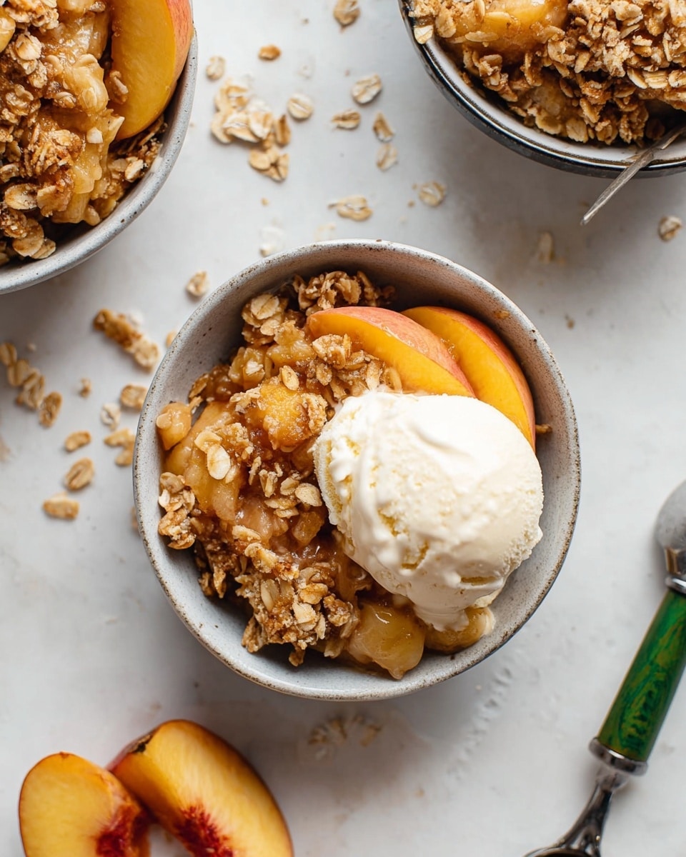 A white bowl with two layers is shown on a white marbled surface: the bottom layer has soft, golden peach slices mixed with a warm, chunky oatmeal crumble that is light brown with a rough texture, while the top layer is a large scoop of creamy, pale vanilla ice cream melting lightly over the crumble and peach, adding a smooth and rich contrast. Photo taken with an iphone --ar 4:5 --v 7