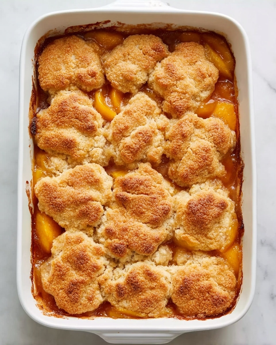 The image shows a white rectangular baking dish filled with a peach cobbler. The bottom layer is made of soft peach slices with a juicy orange-yellow color, peeking out from underneath a top layer of unevenly shaped, golden-brown biscuit dough pieces that have a slightly rough, baked texture. The peach filling seeps gently around the biscuit topping, making the edges look moist and sticky. The dish is placed on a white marbled surface. photo taken with an iphone --ar 4:5 --v 7