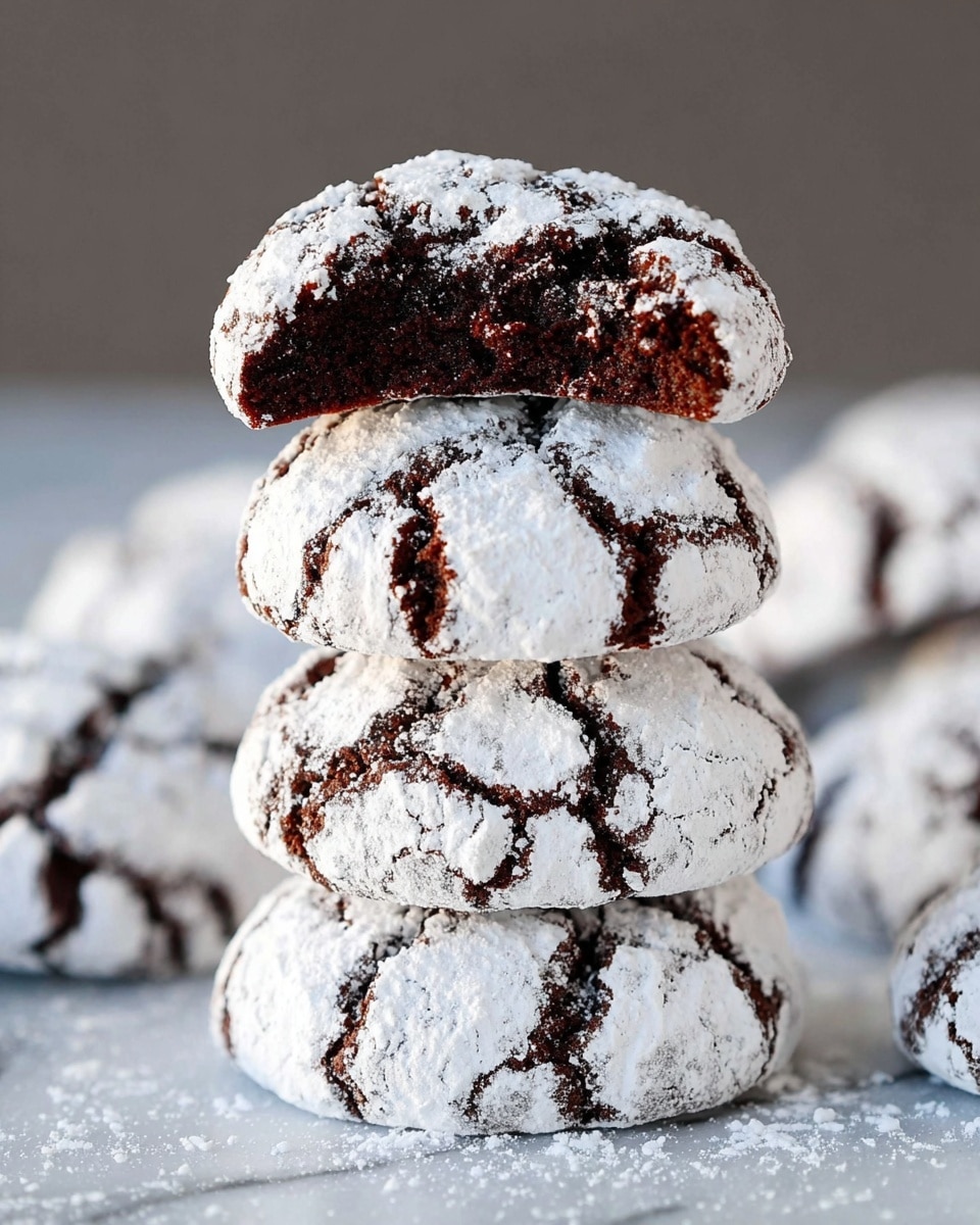 The image shows a close-up of a single chocolate cookie with a cracked top covered in white powdered sugar. The cookie has a soft, dark brown inside with a bite taken out of it, revealing its moist texture. Several other cookies with the same cracked and powdered sugar top are in the blurred background on a white marbled surface. Powdered sugar is scattered around the cookies on the surface. Photo taken with an iphone --ar 4:5 --v 7
