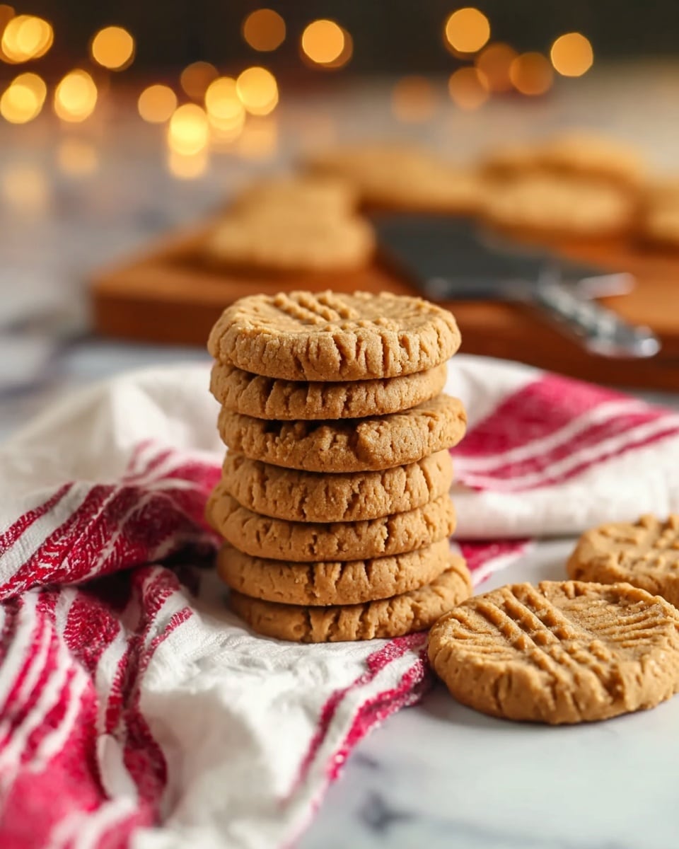 A white plate holds a neat stack of light brown peanut butter cookies arranged in two rows, each cookie showing a crisscross fork pattern pressed into the top with a slightly textured, crumbly surface. The cookies are placed on a white marbled surface, partially covered by a white cloth with red stripes draped casually in the background, adding a soft and cozy touch. photo taken with an iphone --ar 4:5 --v 7