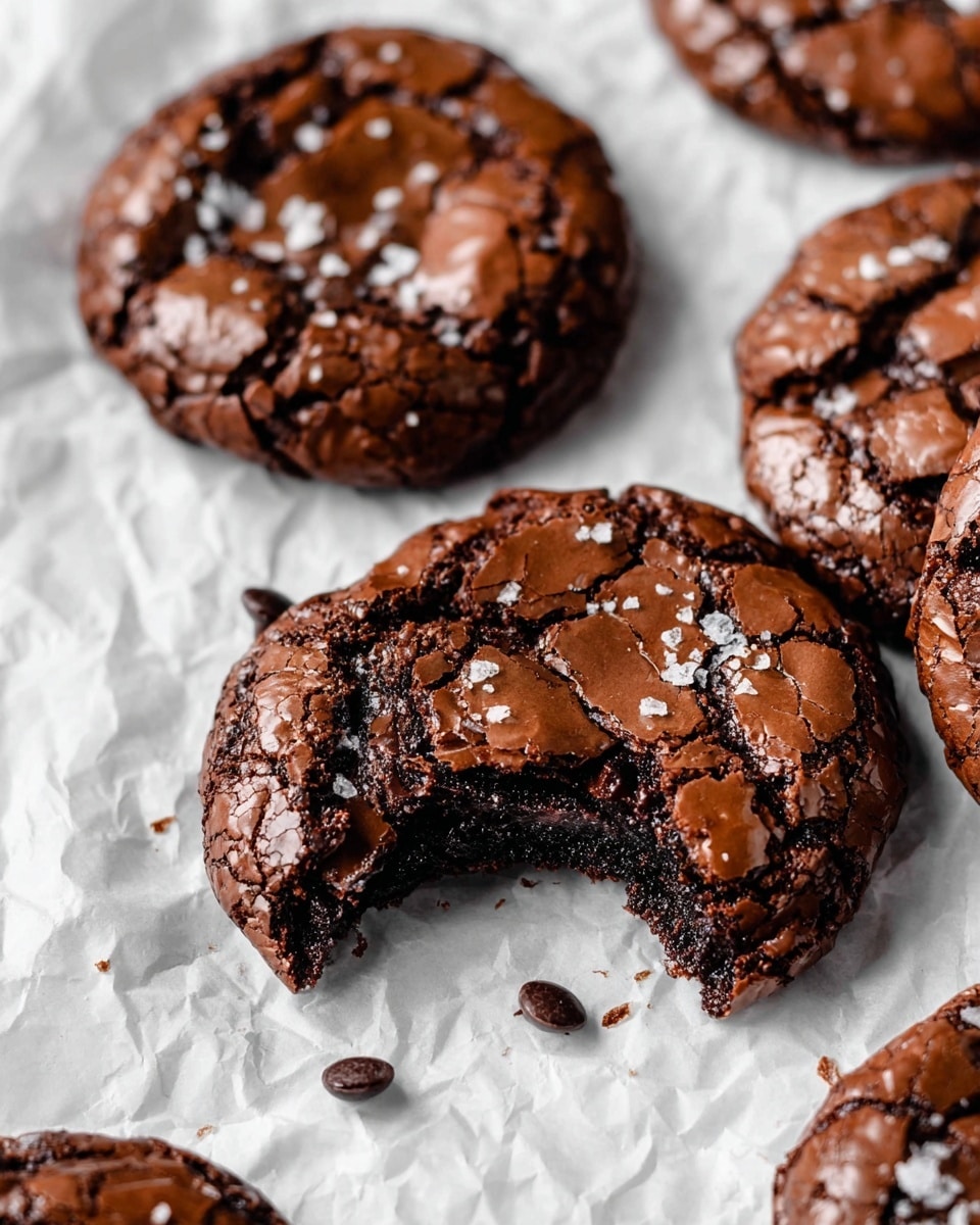 The image shows several round, thick chocolate cookies with a cracked, shiny surface scattered on crinkled white parchment paper over a white marbled texture. One cookie is broken in the middle, revealing a dense, moist, dark chocolate inside with a rich texture. The cookies have a dark brown color with patches of lighter brown on their cracked tops and small bits of coarse salt sprinkled across for texture. A few chocolate chips are strewn around the cookies, adding to the rich chocolate theme. Photo taken with an iphone --ar 4:5 --v 7