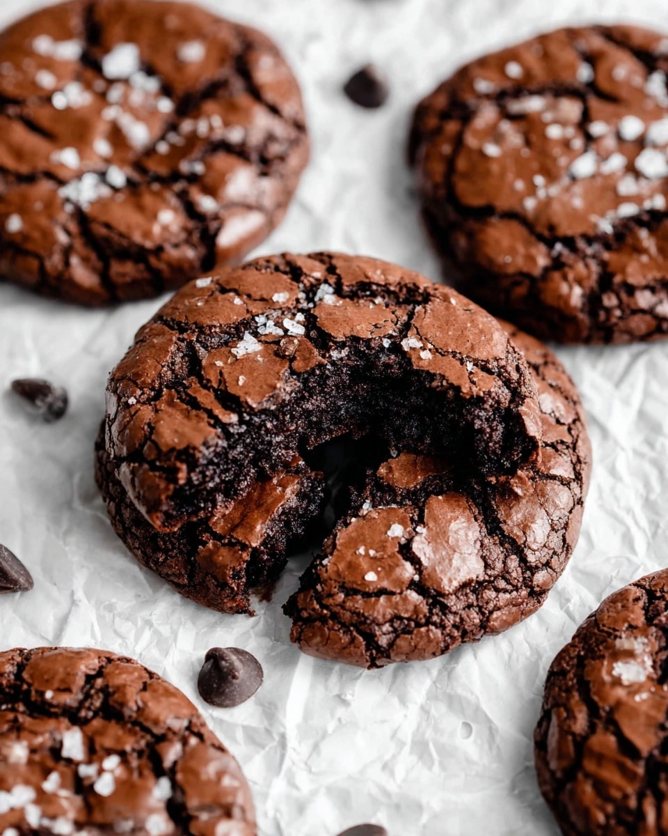 Several dark brown chocolate cookies with shiny, cracked tops lie scattered on crinkled white parchment over a white marbled surface. One cookie in the center has a large bite taken out, revealing a fudgy, almost black chocolate inside. There are tips of sea salt flakes visible on top of the cookies, adding texture, with a few small chocolate chips nearby. Photo taken with an iphone --ar 4:5 --v 7