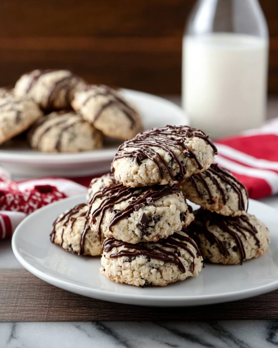 A white plate holds a stack of seven round cookies, each cookie has a light beige color with dark chocolate chips inside and is topped with thin dark chocolate drizzles in irregular lines, giving a textured look. The cookies are slightly rough on the surface with a soft appearance. In the background, there is a stack of white plates with more cookies on top, and two glass bottles of milk next to a red and white striped cloth napkin, all on a white marbled surface. photo taken with an iphone --ar 4:5 --v 7