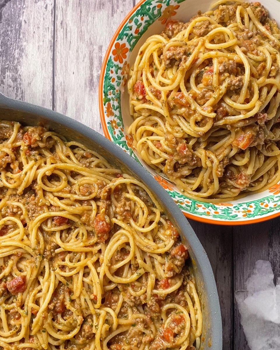 A large gray pan filled with thick spaghetti noodles mixed with small bits of cooked meat and some pieces of tomato, all coated in a light brown sauce. Next to the pan is a white bowl with green and orange flower patterns on the outside, also filled with the same spaghetti mix. Both are placed on a white marbled surface that replaces the wood background. photo taken with an iphone --ar 4:5 --v 7