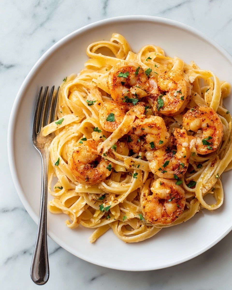 The dish shows several layers of light yellow fettuccine pasta tangled together in the center, with some pasta lifted by a fork. Around the pasta, there are orange and white cooked shrimp with some green parsley or herb leaves sprinkled on top. The pasta is sprinkled with small white cheese flakes and black pepper, adding texture. The background is a white marbled surface. Photo taken with an iphone --ar 4:5 --v 7