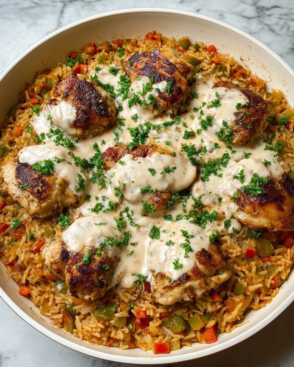 In a white deep round dish, there is a base layer of orange-tinted rice mixed with small pieces of red and yellow bell peppers, giving a textured and colorful look. On top of the rice, six browned pieces of chicken thighs are placed evenly, each coated with a creamy, light beige sauce that has a smooth texture. The dish is garnished with small green parsley leaves scattered throughout, adding a fresh pop of color against the rich rice and browned chicken. The dish is set on a white marbled surface. photo taken with an iphone --ar 4:5 --v 7