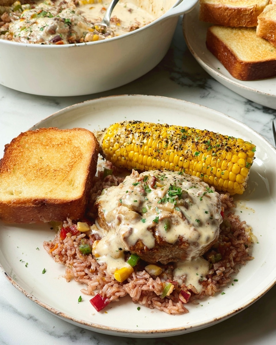 A white plate with three food parts: a piece of yellow garlic bread on the left, a yellow and white corn on the cob with green herb bits and black pepper on the right, and in the center a brownish-red bed of rice with bits of red and green, topped with pieces of browned meat covered in a thick creamy white sauce with green herbs sprinkled on top. In the background, a dark pan containing more rice, meat, and sauce sits on a white marbled surface, along with another white plate holding two slices of garlic bread. Photo taken with an iphone --ar 4:5 --v 7