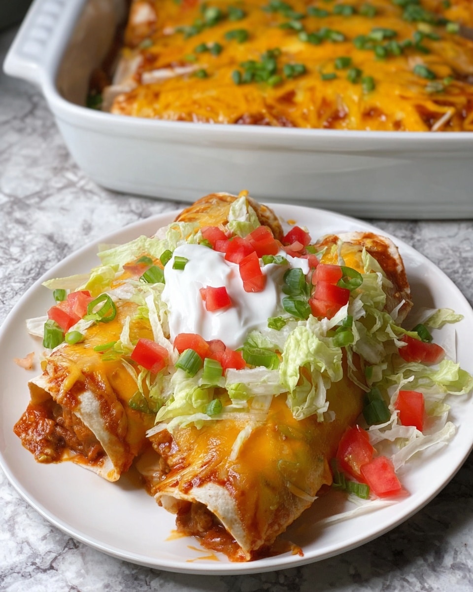 A white plate holds a close-up of a fork lifting a layered taco casserole portion. The dish has multiple layers: a base of soft, yellow corn tortillas soaked in rich, brown seasoned ground beef and sauce, topped with melted orange and white cheese. Over the cheese are fresh light green shredded lettuce pieces and small bright red tomato chunks. A dollop of white sour cream sits on top, along with scattered green onion slices. In the background, a white baking dish with melted cheese and green onion pieces on top sits on a white marbled surface. Photo taken with an iphone --ar 4:5 --v 7