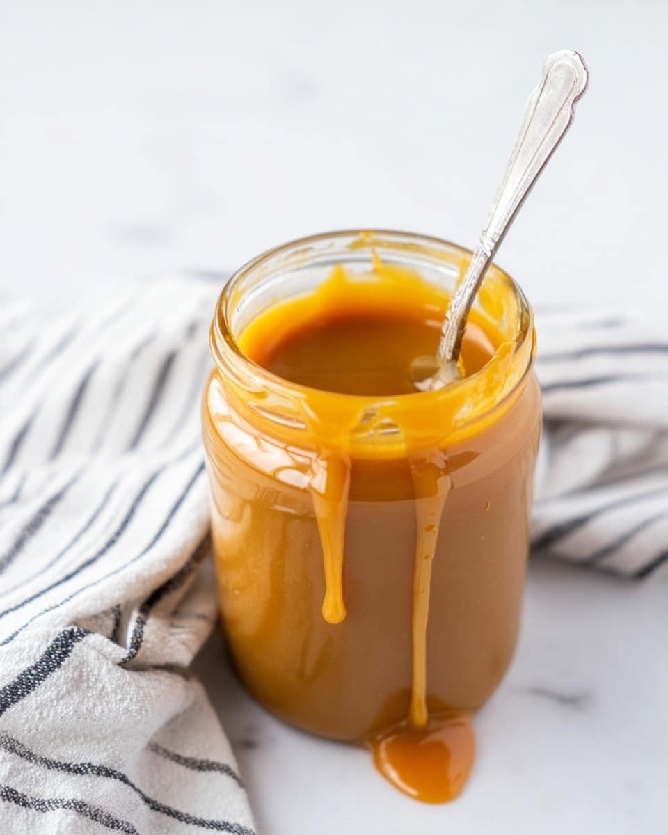 A clear glass jar is filled with thick, smooth caramel sauce, golden brown in color, with some sauce dripping down the side. A shiny spoon is inserted in the jar, stirring the sauce inside. The jar sits on a white marbled surface, and a white cloth with black stripes is partly visible in one corner. The jar lid is lying open nearby. photo taken with an iphone --ar 4:5 --v 7