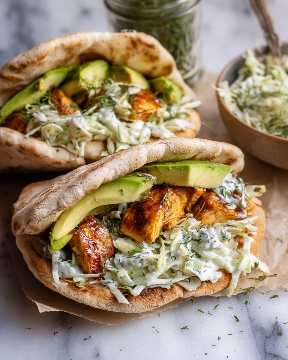 Two tall pita sandwiches filled with three main layers are shown on a white marbled surface. The first bottom layer inside the pita is a mix of green, creamy sauce and shredded white cabbage with fresh herbs mixed in. On top of that, there are chunks of shiny, golden-brown cooked pieces with a glossy texture. The top layer has slices of green avocado and more of the shredded cabbage mix spilling out from the slightly open pita. The pitas are light brown, soft with a grainy texture on the outside. A bowl with more cabbage salad and bunch of fresh green herbs in a glass jar are near the sandwiches. Photo taken with an iphone --ar 4:5 --v 7