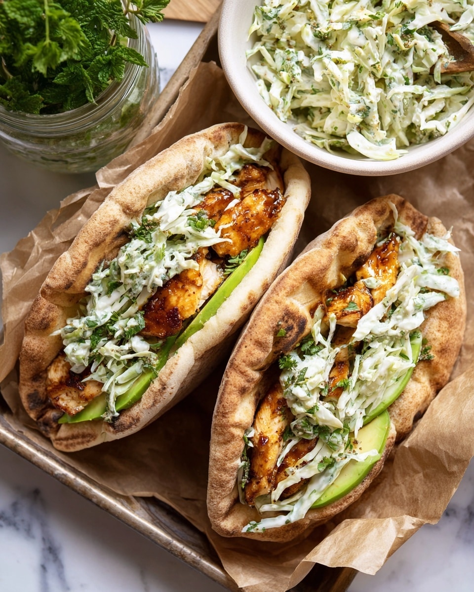 Two pita sandwiches rest on crumpled brown paper over a white marbled surface. Each pita is light brown with a soft, slightly toasted texture. Inside, the first layer is creamy coleslaw made with thin white cabbage strips mixed with fresh green herbs, creating a speckled pattern. Above the coleslaw are golden-brown glazed pieces of chicken with a shiny surface, showing a sticky sauce. Next to the chicken, there are slices of fresh green avocado, smooth and bright. A small white bowl filled with more coleslaw sits on the right side, and a glass jar with green herbs is partially visible at the top left corner. The photo taken with an iphone --ar 4:5 --v 7