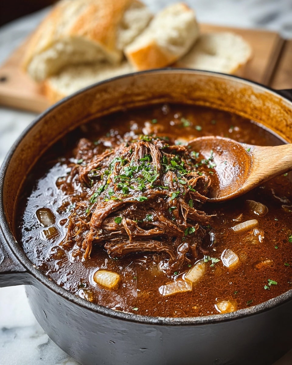 The dish shows a close-up of a large white pot filled with dark brown beef stew at the bottom, thick and rich in texture. On top, there is a layer of melted cheese, golden and bubbly with slightly browned spots and sprinkled with small green herbs. A wooden spoon lifts a part of shredded, tender beef covered in the thick stew. The pot is placed on a white marbled surface. Photo taken with an iphone --ar 4:5 --v 7