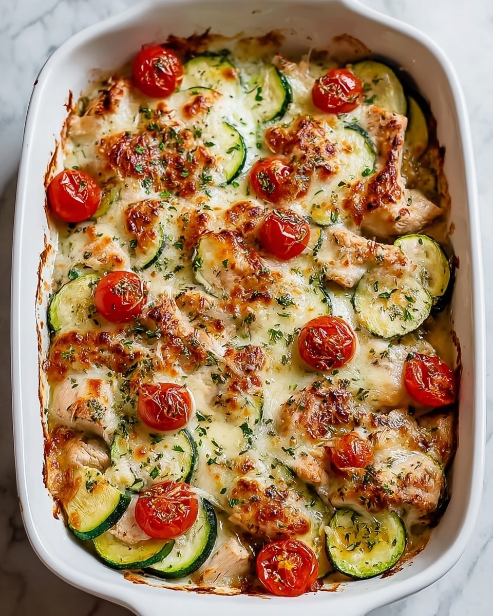 A white baking dish filled with a baked layered dish, showing about three layers. The bottom layer is pieces of white cooked meat, soft and slightly browned at the edges. On top of the meat is a layer of thin green zucchini slices and small round red tomato slices, scattered evenly. The top layer is melted cheese, golden brown and bubbly in some spots, sprinkled lightly with green herbs. The cheese covers the meat and vegetables, with some browned crispy bits on the edges. The dish sits on a white marbled surface. Photo taken with an iphone --ar 4:5 --v 7