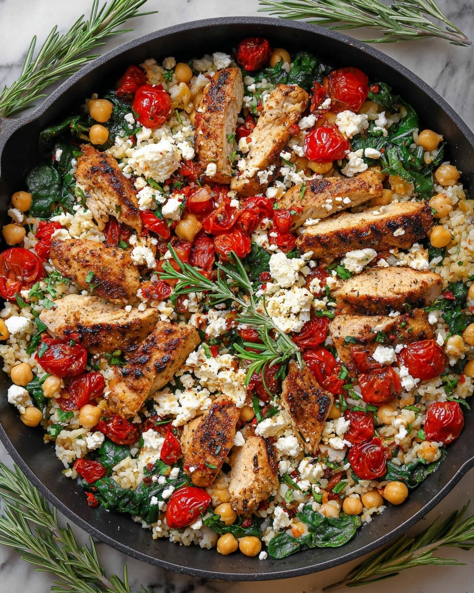 The dish shows a black pan filled with a mix of layers starting with a base of cooked white rice mixed with green spinach leaves and light brown chickpeas. On top, there are bright red cherry tomatoes sliced in halves and small pieces of white cheese sprinkled throughout. Scattered among the ingredients are medium strips of grilled chicken with a golden, slightly charred outer layer. Fresh green herb sprigs sit on top in several places, adding more color and texture. The pan rests on a dark brown wooden surface with some green herbs around it. photo taken with an iphone --ar 4:5 --v 7