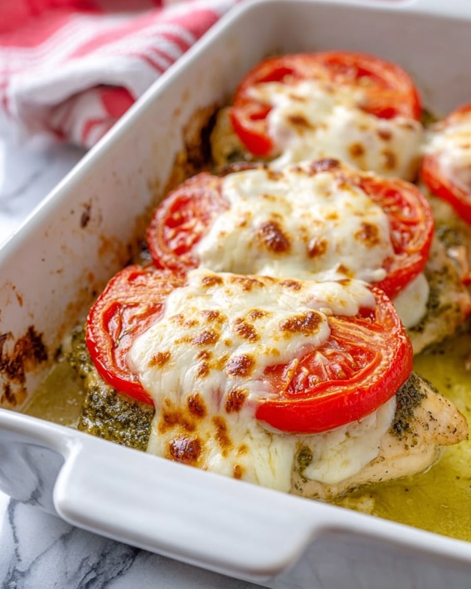 The image shows a white ceramic baking dish filled with four layers of a cooked dish. Each layer has a base of light, tender cooked chicken topped with a dark green herb mixture, then two thick slices of bright red tomato, and finally a layer of melted, bubbly golden-brown cheese covering the tomatoes. The cheese has light and dark golden spots from baking, giving a slightly crisp texture in places. The dish sits on a white marbled surface with a red and white cloth in the background. photo taken with an iphone --ar 4:5 --v 7