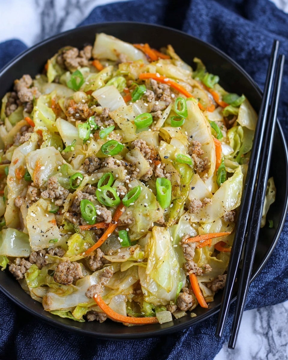 The dish shows a close-up of a black bowl filled with a stir-fry mix of light beige small chunks of cooked ground meat, pale yellow cabbage strips, thin orange carrot slices, and bright green chopped scallions scattered all over. The surface looks glossy with light seasoning and sprinkled white sesame seeds and black pepper grains adding texture. A pair of black chopsticks rest diagonally on the bowl's edge, and the bowl sits on a white marbled textured surface with a dark gray cloth partially visible underneath. photo taken with an iphone --ar 4:5 --v 7