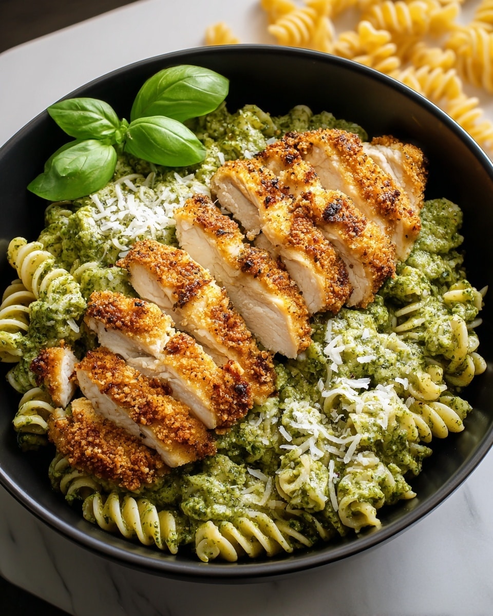 A black bowl holds the dish, filled with green pesto rotini pasta at the bottom layer, coated evenly with bright green and slightly creamy pesto sauce. On top are sliced pieces of golden-brown cooked chicken, arranged in rows over the pasta, showing a crispy and seasoned outer texture with white, tender inside. There are small white sprinkles of grated cheese scattered on the chicken pieces. Two fresh green basil leaves rest against the chicken at the back of the bowl. The bowl is placed on a white marbled surface. Photo taken with an iphone --ar 4:5 --v 7