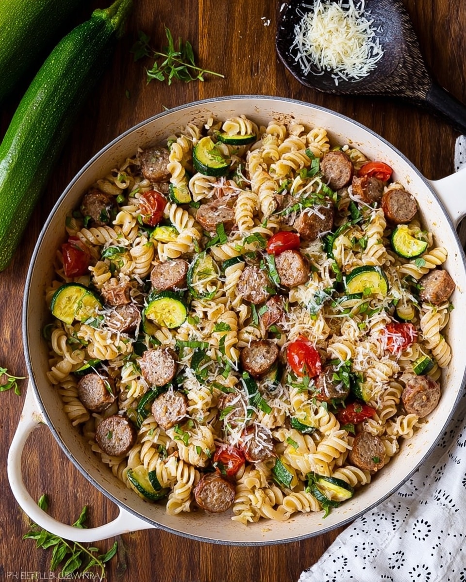 A white pot filled with a colorful pasta dish that has three main layers: the first layer is beige-colored curly pasta spread evenly; the second layer has thick slices of browned sausage and chunky pieces of green zucchini mixed throughout; the third layer shows bright red halved cherry tomatoes scattered on top along with sprinkle of grated cheese and thin green basil strips, all creating a mix of warm and fresh colors, resting on a white marbled surface with a black spoon holding some grated cheese beside it, and a whole zucchini near the pot; photo taken with an iphone --ar 4:5 --v 7