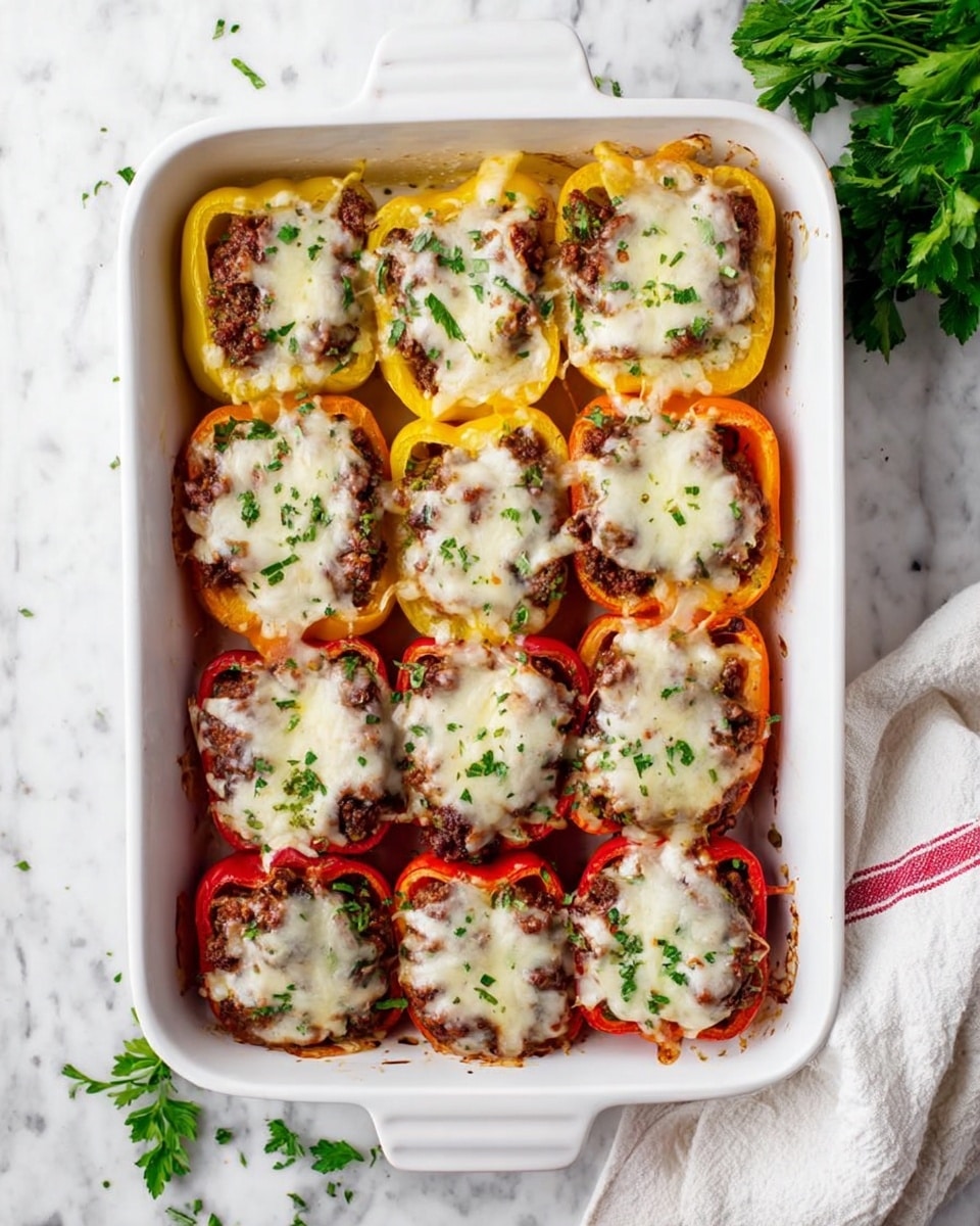 A white rectangular baking dish holds three rows of stuffed bell pepper halves, with four yellow peppers in the top row, three orange peppers in the middle row, and four red peppers in the bottom row. Each pepper half is filled with a brown meat mixture topped with melted white cheese that has slightly browned edges. Bright green chopped parsley is sprinkled over the peppers and around the dish. The dish rests on a white marbled surface with some parsley scattered nearby and a white cloth with a red stripe partially visible to the right. The photo taken with an iphone --ar 4:5 --v 7