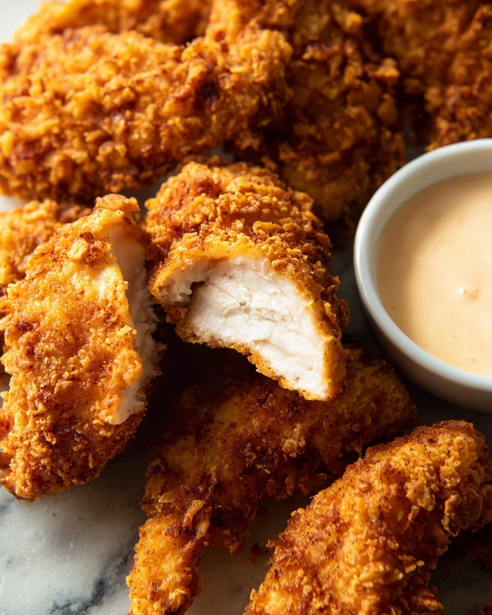 The image shows several pieces of crispy, golden brown fried chicken with a rough, crunchy texture, arranged closely together. One piece is broken open to reveal a tender white inside meat with visible muscle fibers. To the right of the chicken pieces, there is a small white bowl filled with a creamy light-colored dipping sauce that has a smooth texture. The chicken and bowl are placed on a white marbled surface. photo taken with an iphone --ar 4:5 --v 7