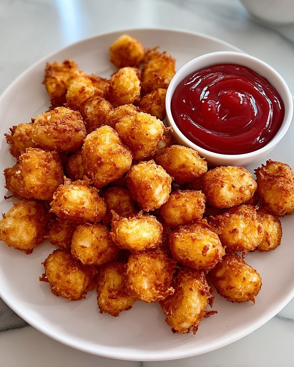 A white round plate holds a large pile of small, golden-brown fried cauliflower pieces, each with a crispy, crinkled texture. To the upper right on the plate, a small white bowl filled with smooth, bright red ketchup sits next to the cauliflower. The plate rests on a white marbled surface, which gives a clean and bright background. The cauliflower pieces are different shapes, all tightly packed but showing crispy edges and a warm, crunchy look. photo taken with an iphone --ar 4:5 --v 7