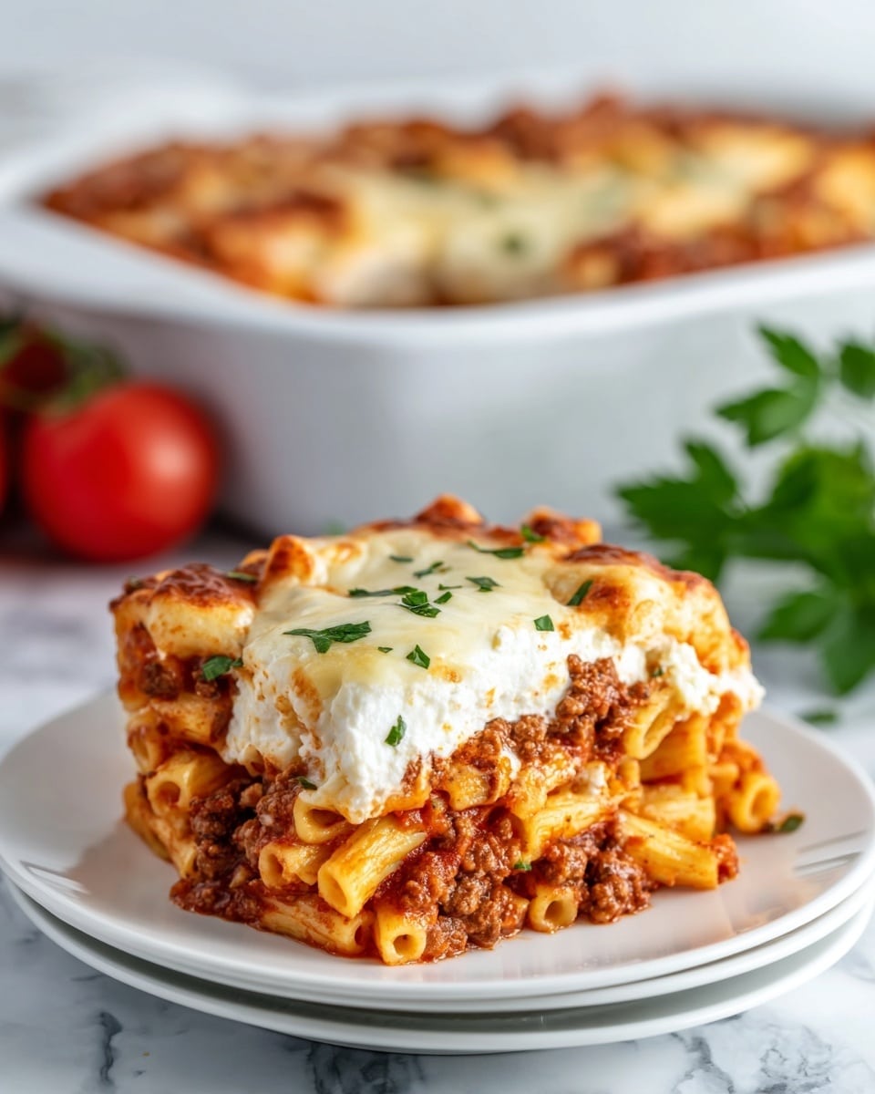 A white plate holds a layered pasta dish with tubular pasta pieces as the base layer, coated in a thick red tomato sauce with visible chunks of tomatoes and brown ground meat throughout. The top layer shows a sprinkling of grated white cheese, melted slightly into the sauce, and small bits of chopped green herbs scattered on top. The dish looks rich and hearty, with the pasta tubes partly covered in the sauce, some showing through. The plate is set on a white marbled surface, with blurred white bowls and slices of bread in the background. Photo taken with an iphone --ar 4:5 --v 7