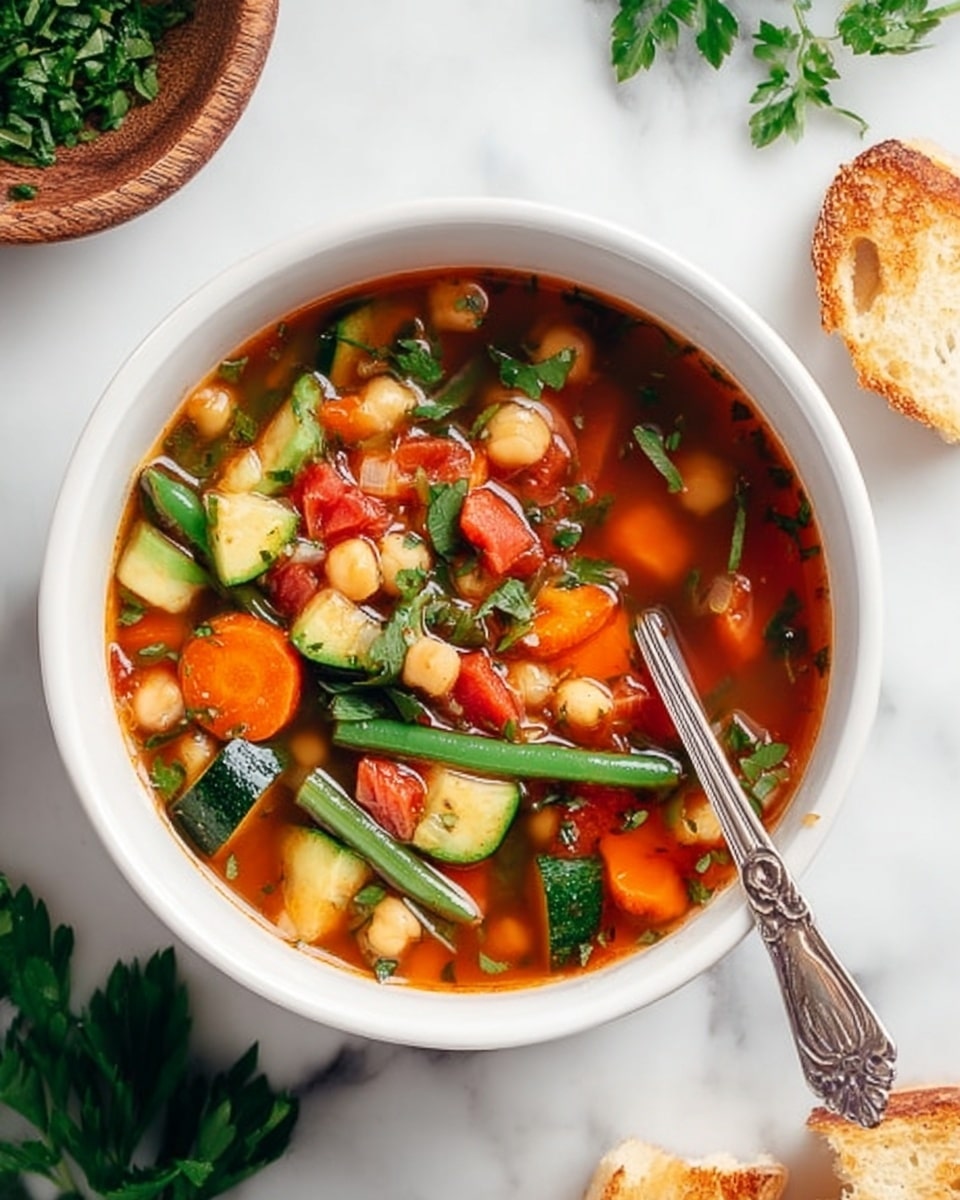 A white bowl filled with vegetable soup sits on a white marbled surface. The soup has a clear, reddish broth and is full of colorful chunks including bright orange carrot slices, round red tomato pieces, light green zucchini cubes, pale chickpeas, and dark green vegetable stems and leaves. A detailed silver spoon rests inside the bowl, partially submerged in the soup. Around the bowl, there are slices of bread on the white marbled surface, a small wooden plate with chopped green herbs, and some fresh green parsley leaves scattered nearby. photo taken with an iphone --ar 4:5 --v 7