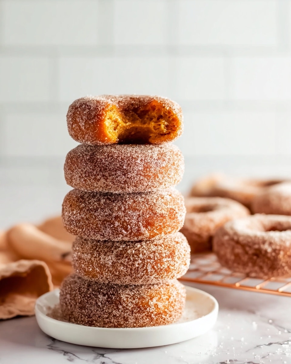 A tall stack of six cinnamon sugar donuts sits in the center, each donut evenly coated with a rough, grainy layer of cinnamon sugar giving them a textured light brown color. The top donut is broken in half, showing a soft, moist, and bright golden orange inside. Two whole donuts rest on a white wire cooling rack with copper tones, and more donuts blur softly in the white marbled background. The lighting is bright and natural with a clean and simple white tiled wall behind, giving the scene a fresh and inviting feel photo taken with an iphone --ar 4:5 --v 7